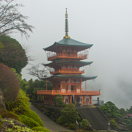 Misty view of Seiganto-ji pagoda on the Kumano Kodo pilgrimage route